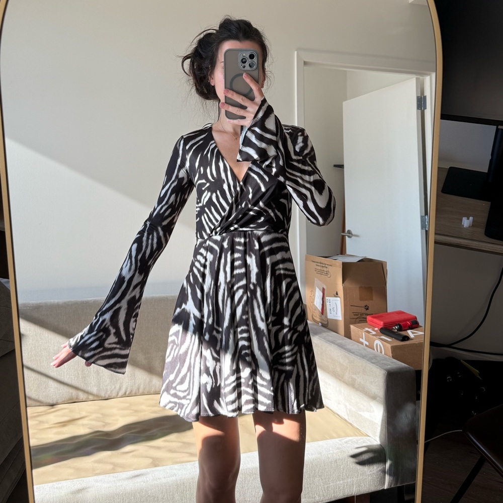 Zara Black and White animal print zebra  Patterned Long Sleeve Dress XS